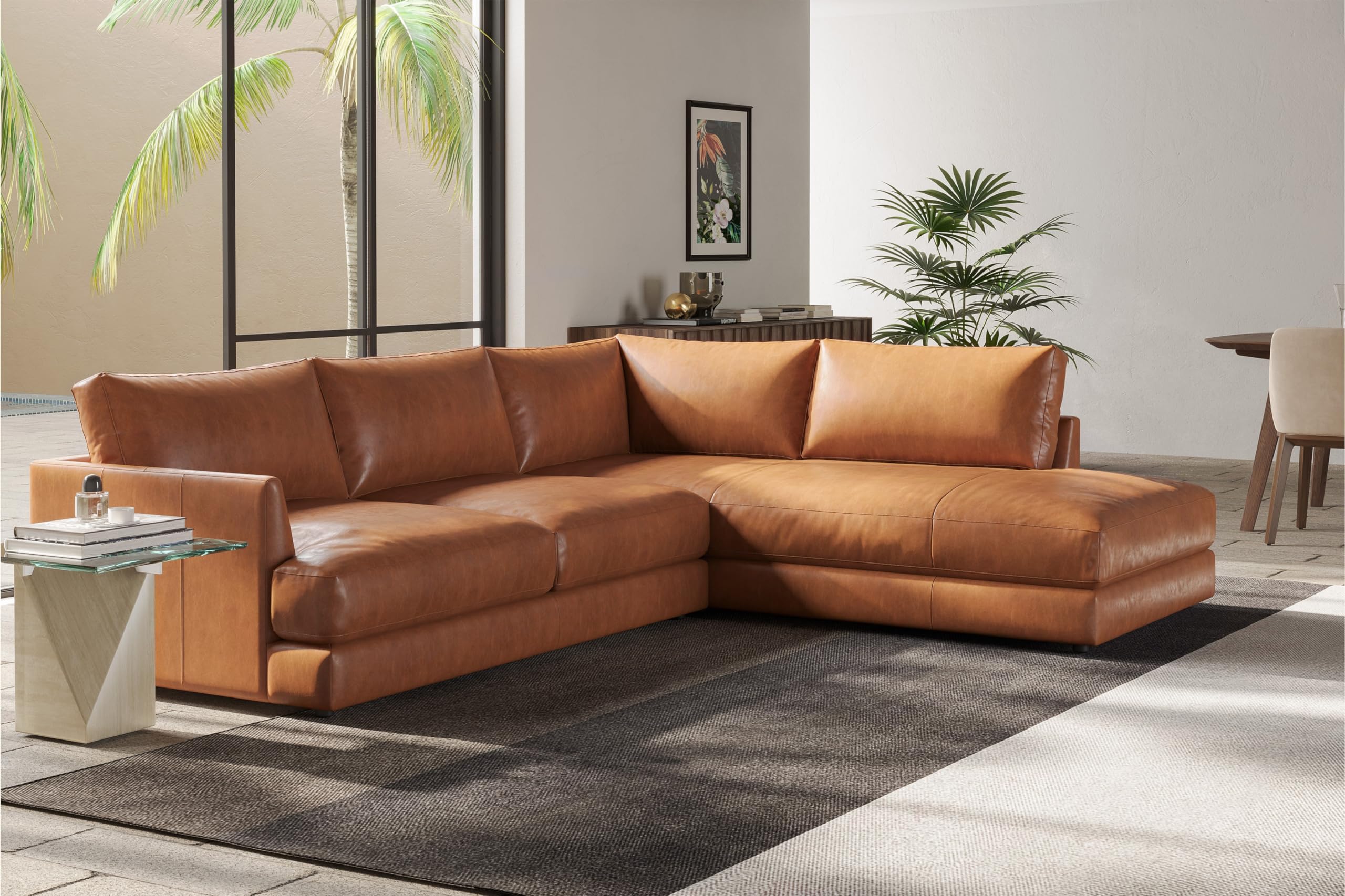 Valencia Serena 108" Cognac Tan Brown Full Leather Sectional Sofa with Right Chaise | Nappa 11000 Leather, Modern Low Profile Lounge Sofa | L Shaped Couch for Living Room Furniture