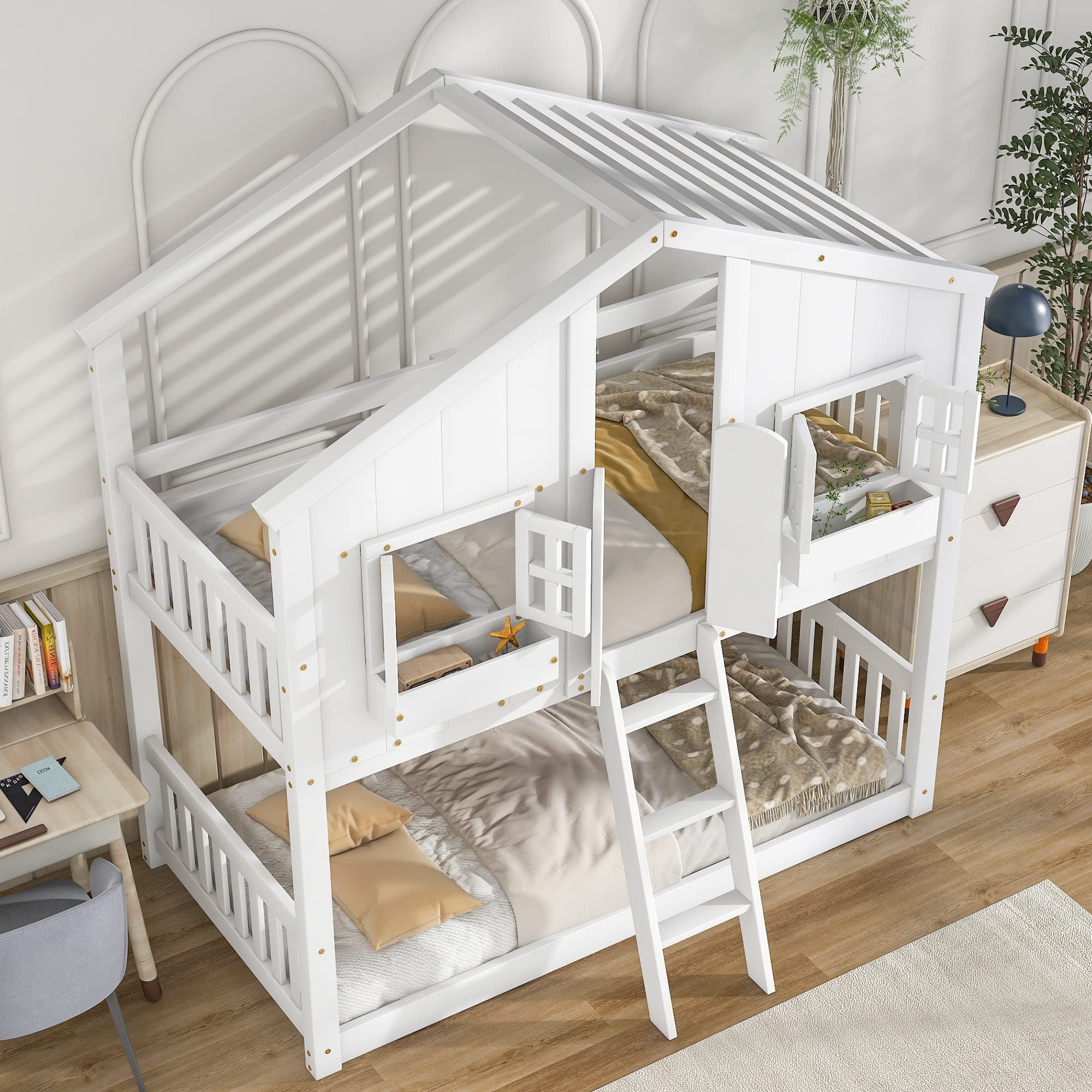 Luxo Abode Twin Over Twin Size House Bunk Bed with Roof, Window & Window Box, Pine Wood Bed w/Door, Safety Guardrails and Ladder, Easy Assembly, for Toddlers, Children's Room, Playroom, White