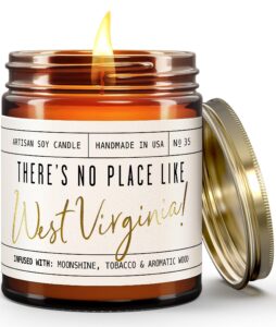 west virginia gifts, west virginia decor for home - 'there's no place like west virginia candle, w/tobacco, vanilla & bourbon i west virginia souvenirs state gifts i 9oz jar, 50hr burn, usa made