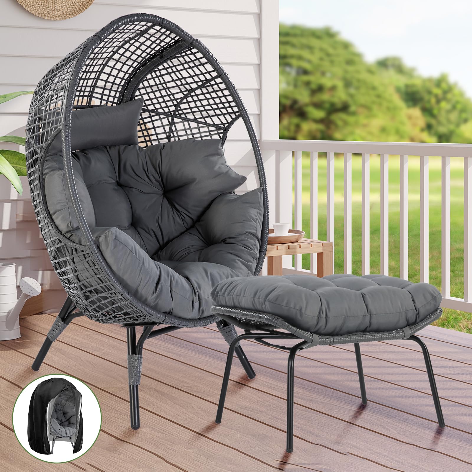 FINCATI Delicated Outdoor Indoor Wicker Egg Chair with Footrest, Oversized 440 lbs Egg Basket Cocoon Chair with Ottoman, PE Rattan Patio Stationary Cushioned Lounge Chair for Balcony Living Room