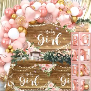 Rose Gold Baby Shower Decorations for Girl, Rose Gold Pink Balloon Arch Garland Kit with Baby Boxes with Letters, Baby Girl Backdrop and Tablecloth for Butterfly Baby Shower Decor, Girl Birthday