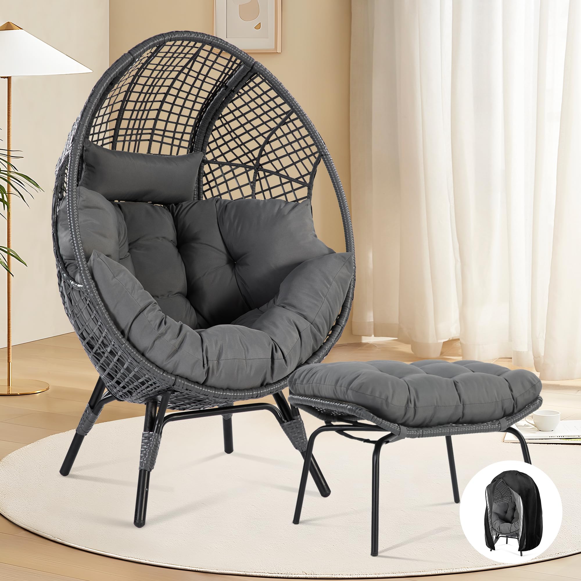 FINCATI Delicated Outdoor Indoor Wicker Egg Chair with Footrest, Oversized 440 lbs Egg Basket Cocoon Chair with Ottoman, PE Rattan Patio Stationary Cushioned Lounge Chair for Balcony Living Room