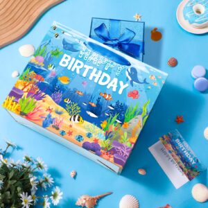 Sea Animals Party Supplies Ocean Animals Birthday Gift Bag with Tissue Papers Card Blue Under the Sea Birthday Wrapping Paper Bag for Underwater Pool Beach Birthday Baby Shower Party Decorations