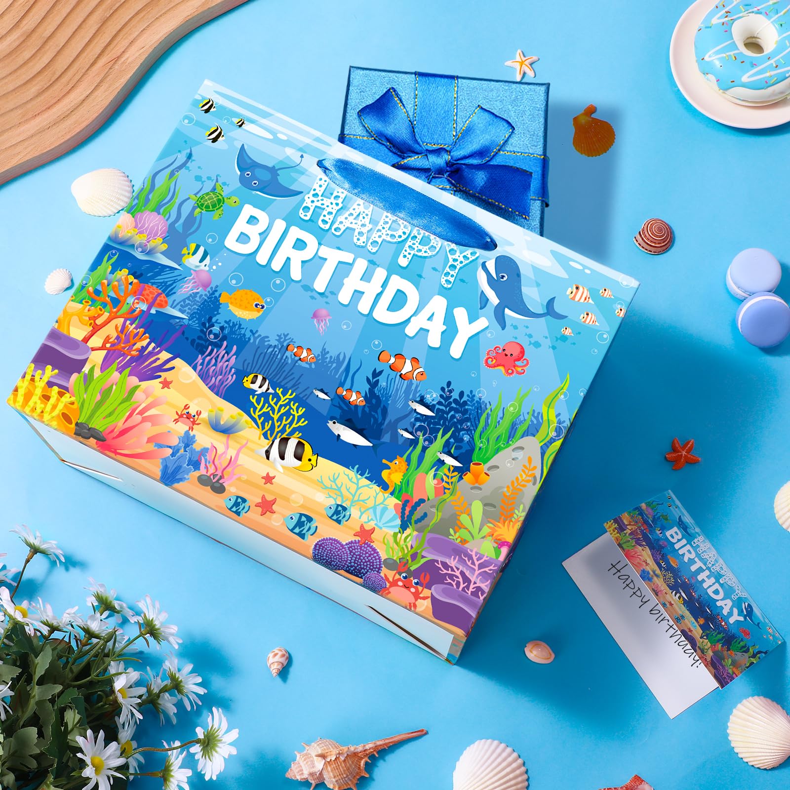 Sea Animals Party Supplies Ocean Animals Birthday Gift Bag with Tissue Papers Card Blue Under the Sea Birthday Wrapping Paper Bag for Underwater Pool Beach Birthday Baby Shower Party Decorations