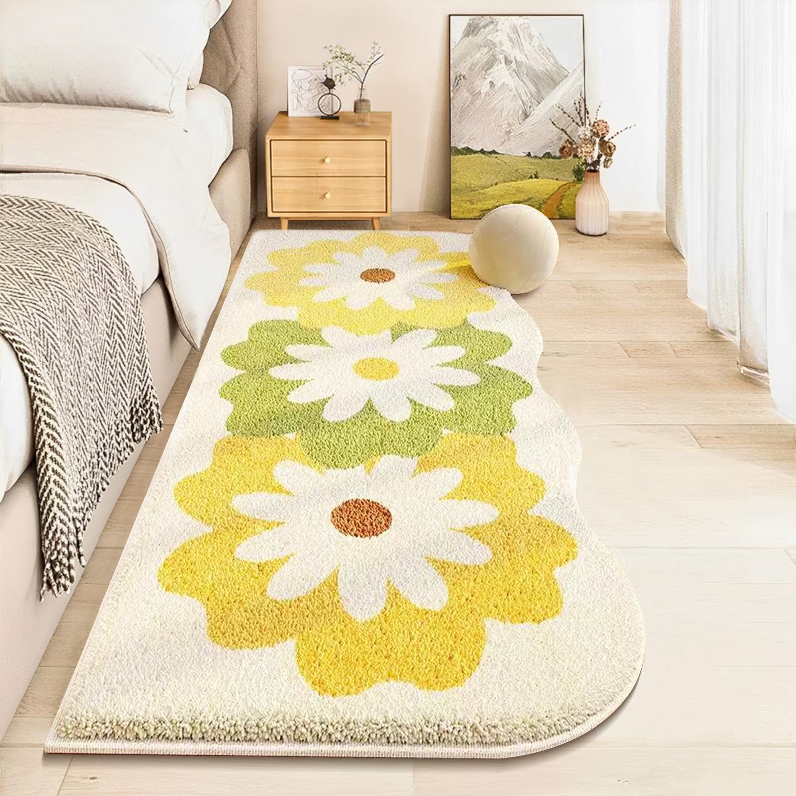 AIMECO Area Rugs for Bedroom, 2X6 Ft Washable Rug Shag Rug for Living Room Bedside Nursery Laundry Girls Room, Three Flowers