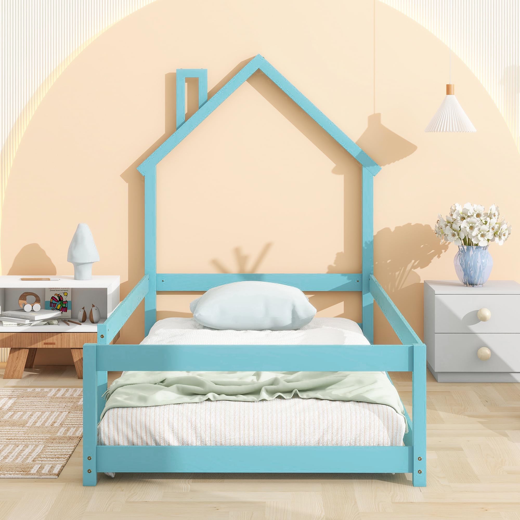 Luxo Abode Twin Size Montessori Floor Bed with Guardrails Fences, Pine Wood Bed Frame w/Chimney House-Shaped Headboard, Easy Assembly, for Toddlers, Children's Room, Playroom, Light Blue