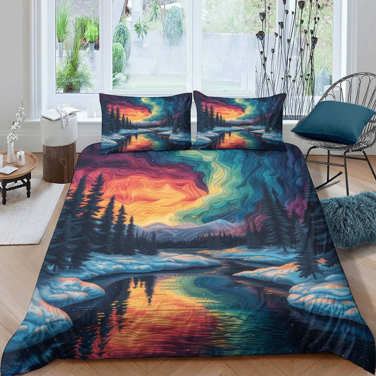 ERGTT Winter Snow Scene Quilt Cover 3D Print Aurora for Teens and Adults Duvet Cover Comforter Covers Soft Microfiber Bedding Set with Zipper Closure with Pillow Cases 3 Pieces Twin（173x218cm）