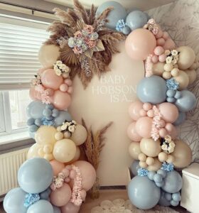 gender reveal balloon arch garland kit, 140pcs dusty pink misty blue white sand nude balloons for boho neutral baby shower boy or girl gender reveal birthday bear theme party decorations