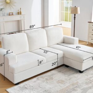 VanAcc 89 Inch L Shape Couch, Reversible L Shape Sofa with Chaise, Convertible Sofa with Storage, L Couches for Living Room, Offwhite Bouclé