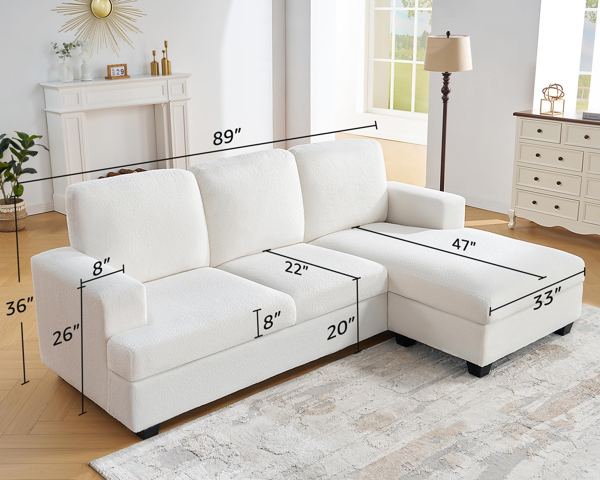 VanAcc 89 Inch L Shape Couch, Reversible L Shape Sofa with Chaise, Convertible Sofa with Storage, L Couches for Living Room, Offwhite Bouclé