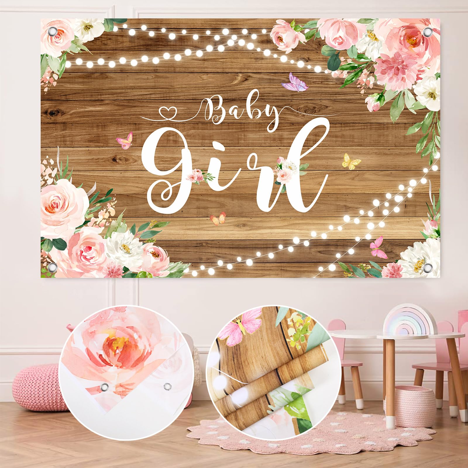 Rose Gold Baby Shower Decorations for Girl, Rose Gold Pink Balloon Arch Garland Kit with Baby Boxes with Letters, Baby Girl Backdrop and Tablecloth for Butterfly Baby Shower Decor, Girl Birthday