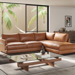 Valencia Serena 108" Cognac Tan Brown Full Leather Sectional Sofa with Right Chaise | Nappa 11000 Leather, Modern Low Profile Lounge Sofa | L Shaped Couch for Living Room Furniture