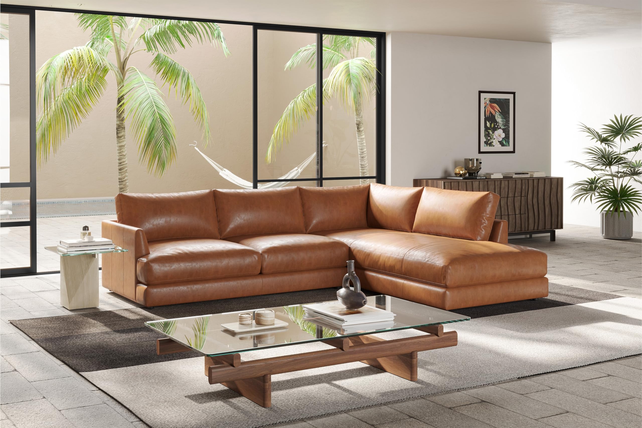 Valencia Serena 108" Cognac Tan Brown Full Leather Sectional Sofa with Right Chaise | Nappa 11000 Leather, Modern Low Profile Lounge Sofa | L Shaped Couch for Living Room Furniture