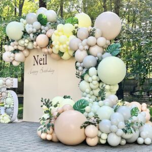 pastel green and yellow balloon garland arch kit - all double stuffed balloons with blush pink cream grey balloons for birthday baby shower bridal shower wedding party