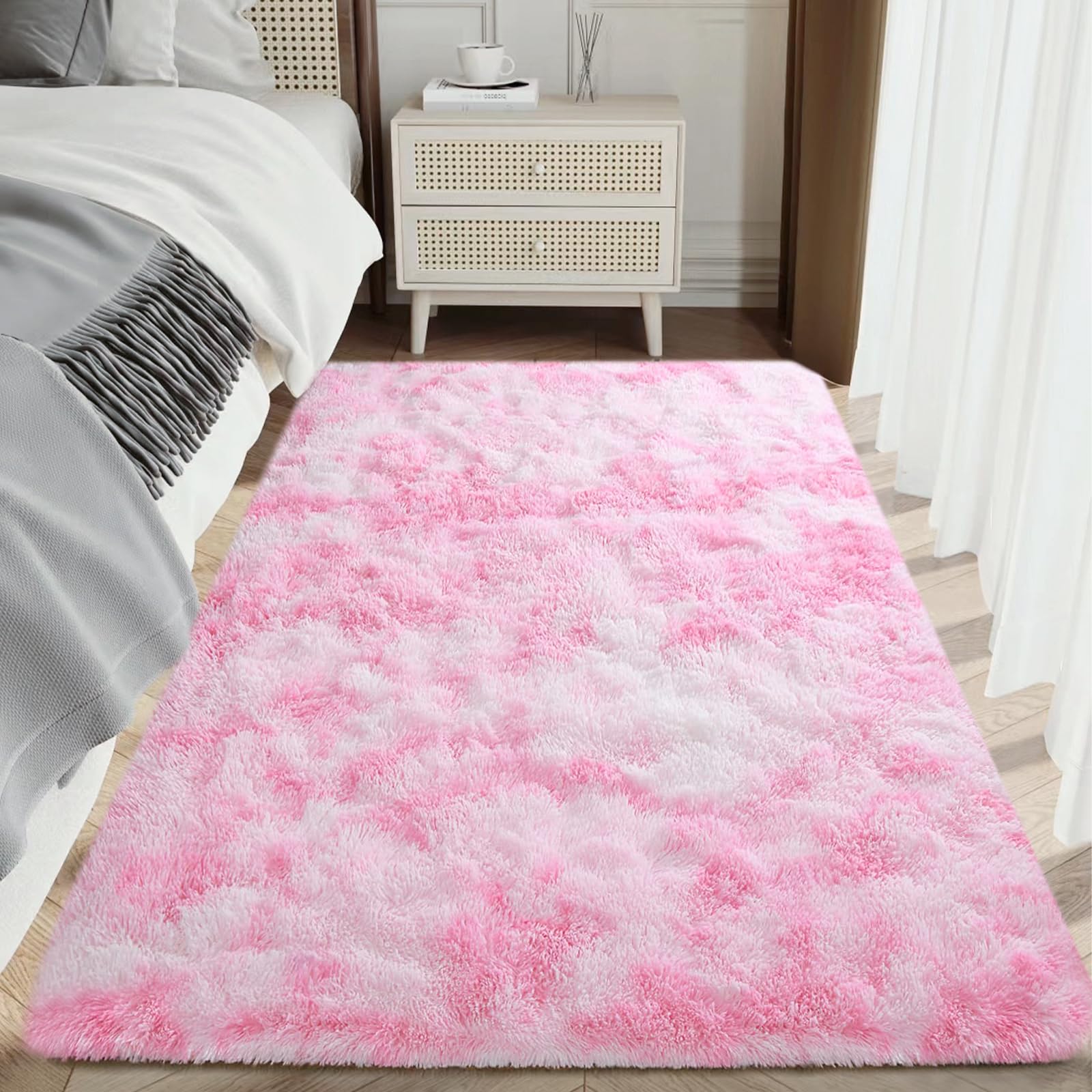 AIMECO Area Rugs for Bedroom, 4X6 Ft Fluffy Rug Carpet Shag Rug for Living Room Bedside Nursery Girls Bedroom, Tie-Dyed Pink