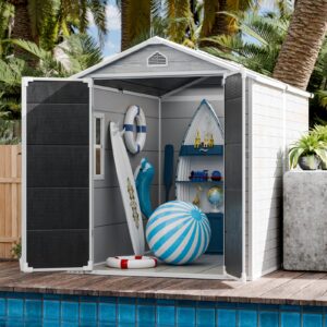 cdcasa 8x6 feet resin storage shed, waterproof outdoor shed with floor & lockable door & window & vents, plastic tool shed for backyard, patio, poolside, lawn, dove grey