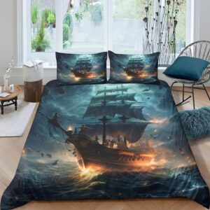 ERGTT Pirate Ship for Boys Girls Duvet Cover 3D Print Ship Quilt Cover Comforter Covers Bedding Set with Pillow Cases with Zipper Closure Soft Microfiber 3 Pieces Full（203x228cm）, Style-8