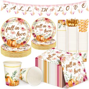 tanlade 193 pcs fall in love bridal shower decorations include 24 dinner plate 24 dessert plates 24 pumpkin napkin 24 pcs 9 oz cup 24 cutlery 24 straw banner for wedding anniversary engagement party