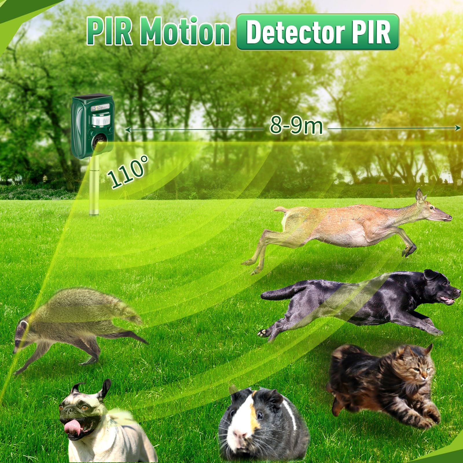 Qualirey Animal Repellers Solar Deterrent Devices Green Waterproof Ultrasonic Deer Repellents with Motion Sensor Flashing Light for Garden Farm House Drive Cat Dog Bird Coyote Skunk(Green)