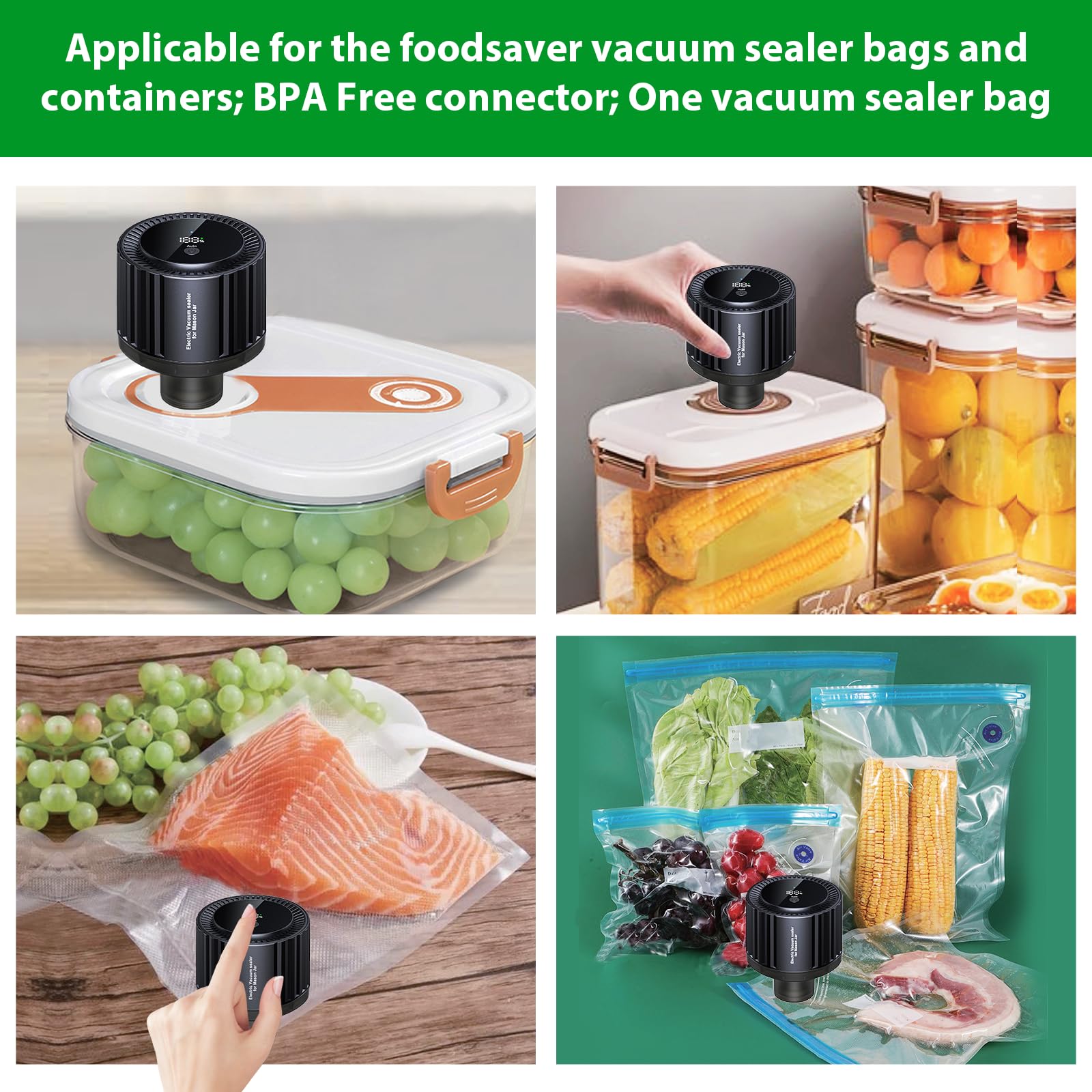 Mason Jar Vacuum Sealer Only for Wide Mouth Mason Jars Vacuum Bags Food Vacuum Storage,Electric Auto-Stop Vacuum Sealer Kit Multifunctional Cordless Canning Vacuum Sealer Machine