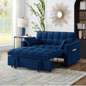 lumisol 4 in 1 loveseat sofa bed with armrests and storage pockets, multifunctional tufted pull-out sofa bed with adjustable backrest and pillows, convertible loveseat sofa couch, 2 seat, blue