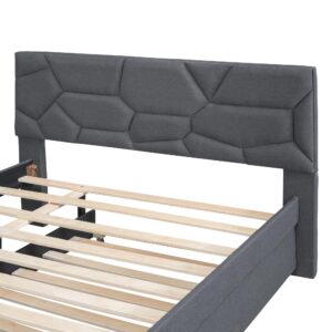 Favfurish Full Size Upholstered Platform Bed with Brick Pattern Headboard and Twin Size Trundle,Bedroom Bed Frame w/Linen Fabric,Wooden Slats Supproted,for Teens Kids,Gray