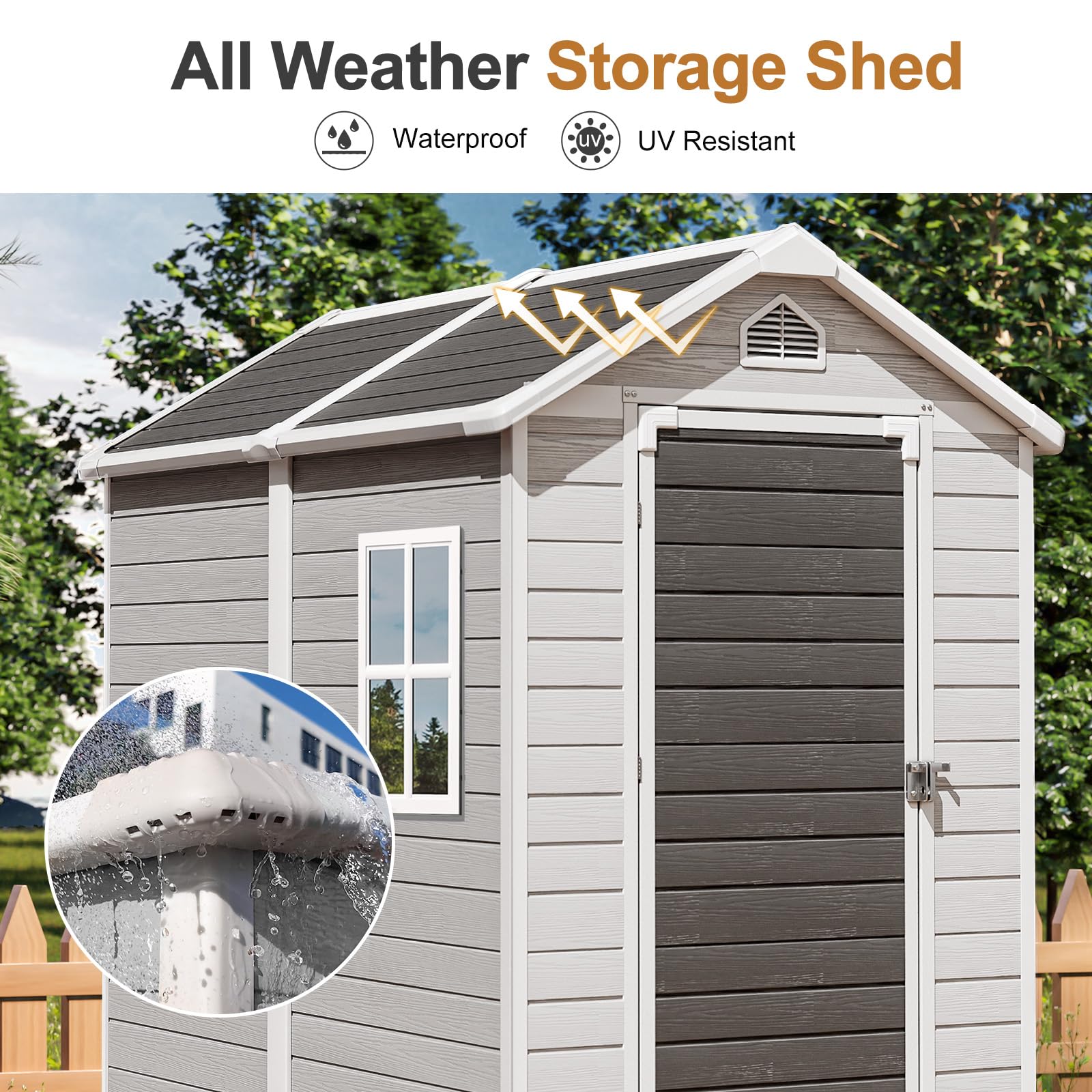 WACASA Storage Shed 4X6 FT,Resin Outdoor Storage Shed with Floor & Lockable Door, All Weather Plastic Lean to Shed with Window and Vent, Garden Tool Shed for Bike,Toy,Lawnmower (Grey)