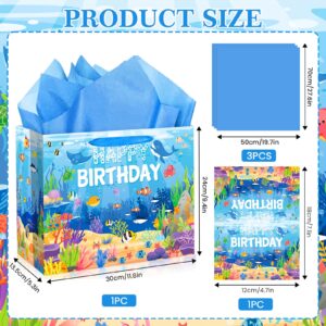 Sea Animals Party Supplies Ocean Animals Birthday Gift Bag with Tissue Papers Card Blue Under the Sea Birthday Wrapping Paper Bag for Underwater Pool Beach Birthday Baby Shower Party Decorations