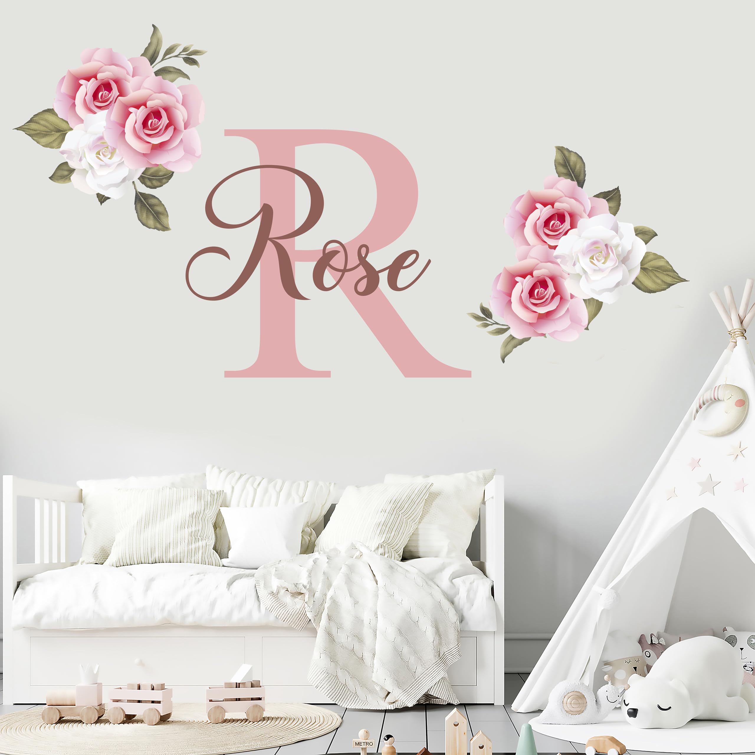 Name and Initial Roses Wall Decal - Kids Wall Decor - Custom Name Removable Nursery Wall Decal for Girl - Flower Mural Wall Decal for Girls Bedroom - Flowers Name Sticker Decor