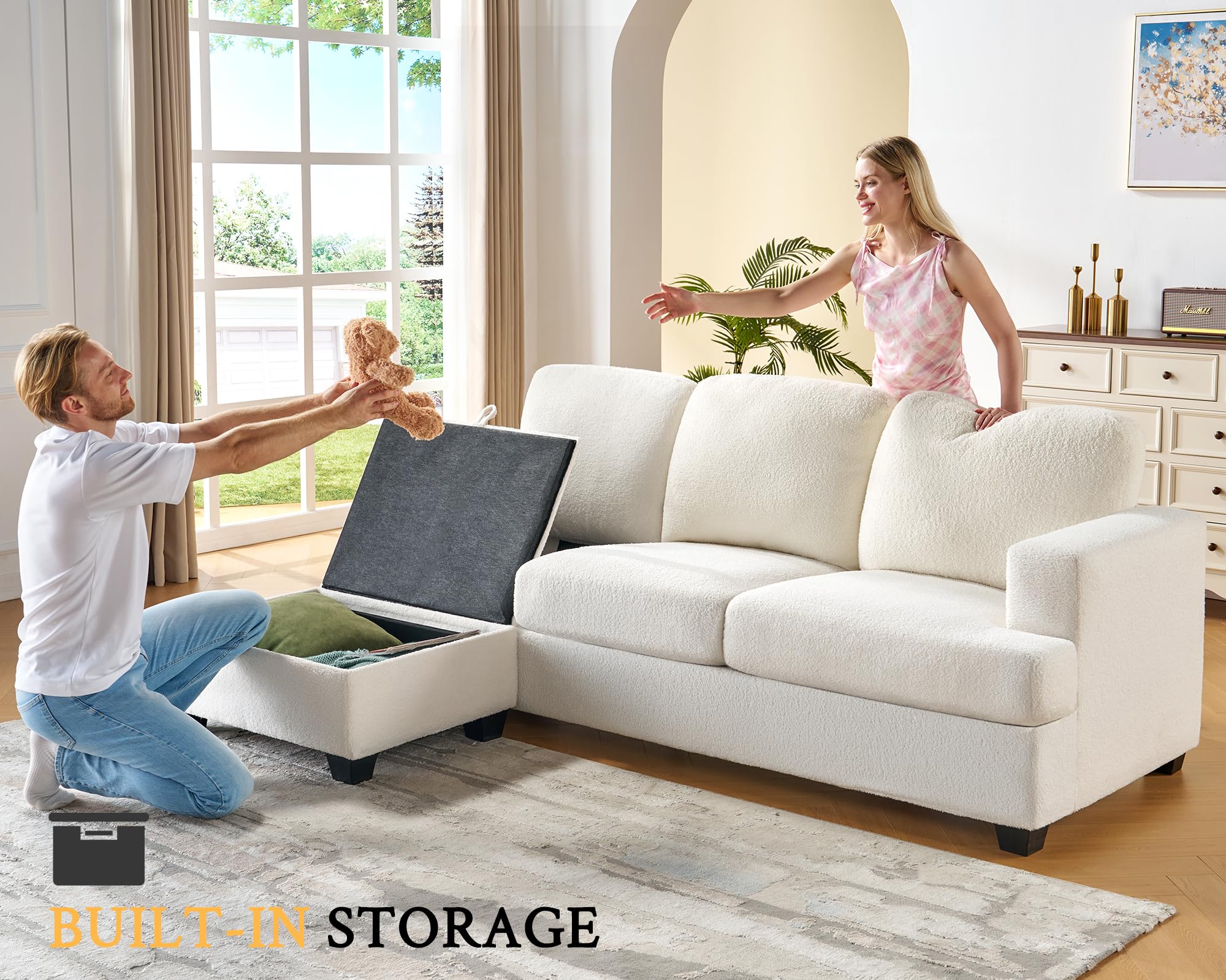 VanAcc 89 Inch L Shape Couch, Reversible L Shape Sofa with Chaise, Convertible Sofa with Storage, L Couches for Living Room, Offwhite Bouclé