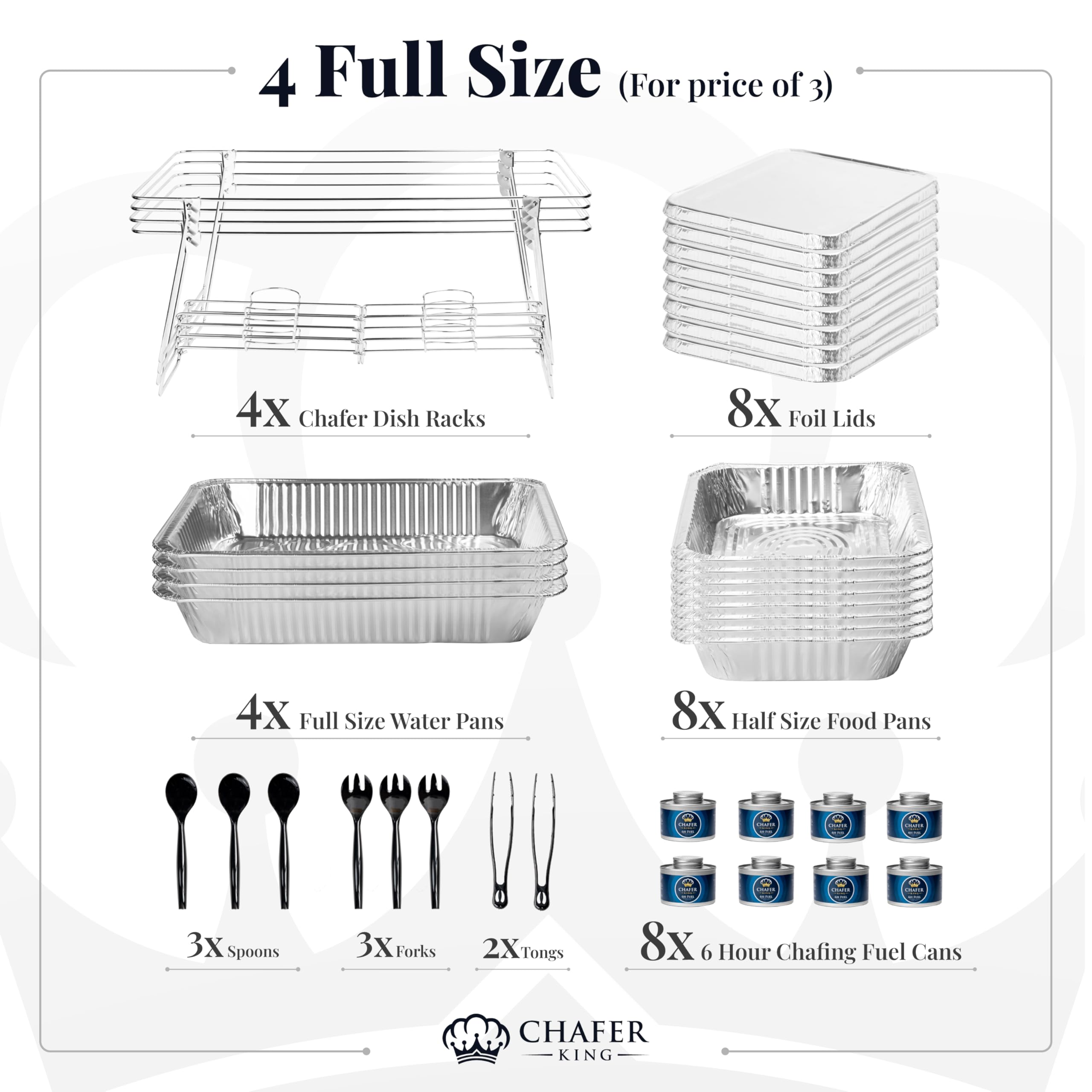 4 Full Size (For Price of 3) Disposable Buffet set with Spoons and Forks, Non-Stick Aluminum, Premium Chafing Dish Set for Events, Parties, Catering