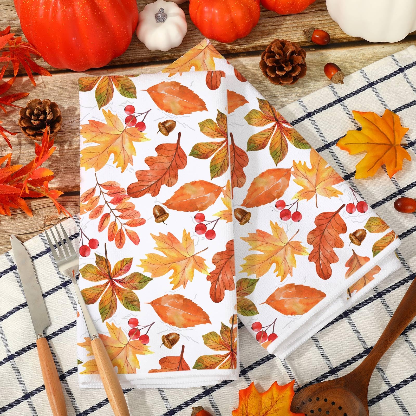 JarThenaAMCS Fall Leaves Kitchen Towels Watercolor Maple Leaves Dish Towels 18 x 28 Inch Autumn Hand Drying Tea Towels for Thanksgiving Cooking Baking Cleaning Wipe, Set of 2