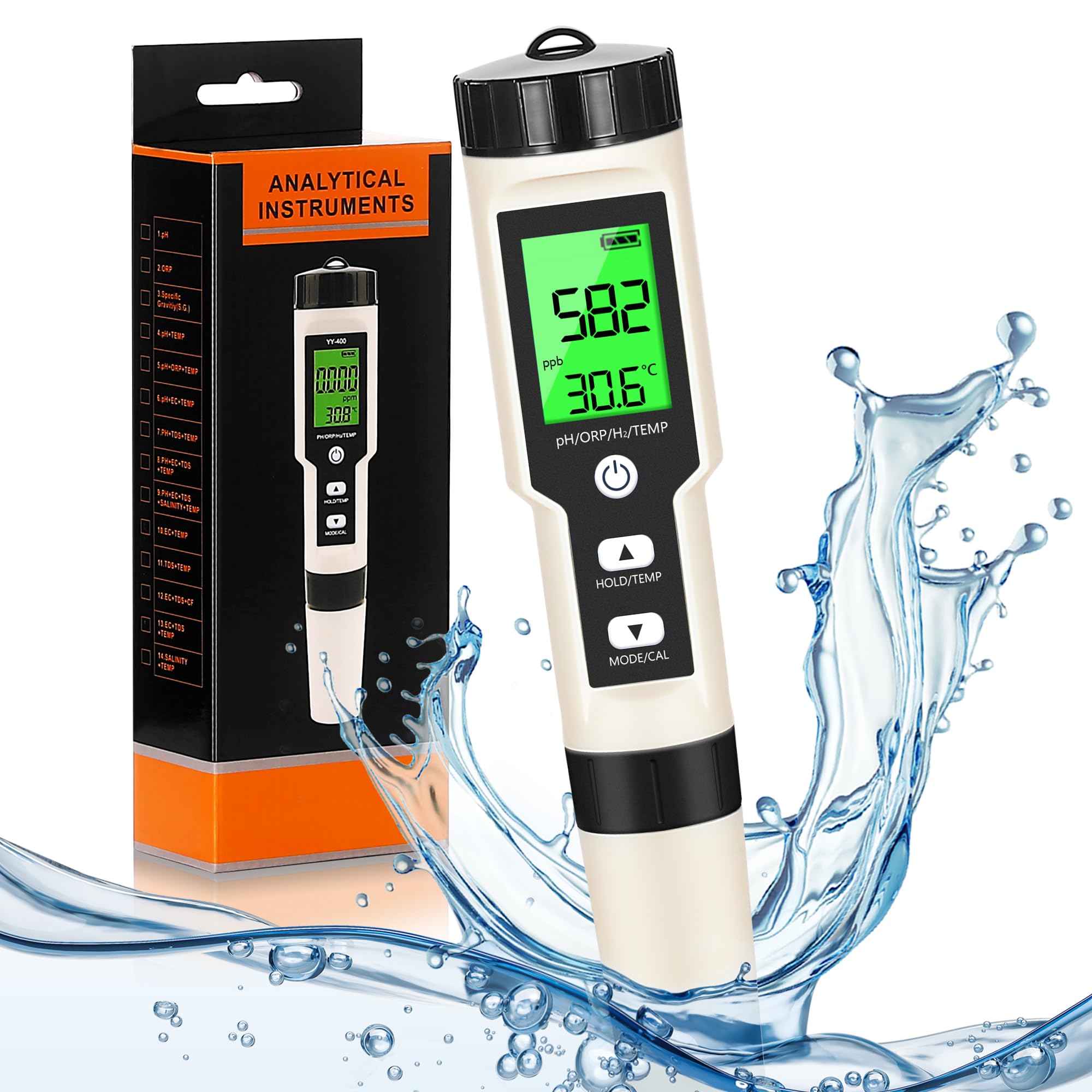 Hydrogen Water Tester 4 in 1 PH,H2,ORP&Temp,pH Meter ORP Meter Hydrogen Tester for Water with ATC & Backlight,Accurate Hydrogen Water ppb/ppm Meter,Water Testing Kits for Drinking Water Quality