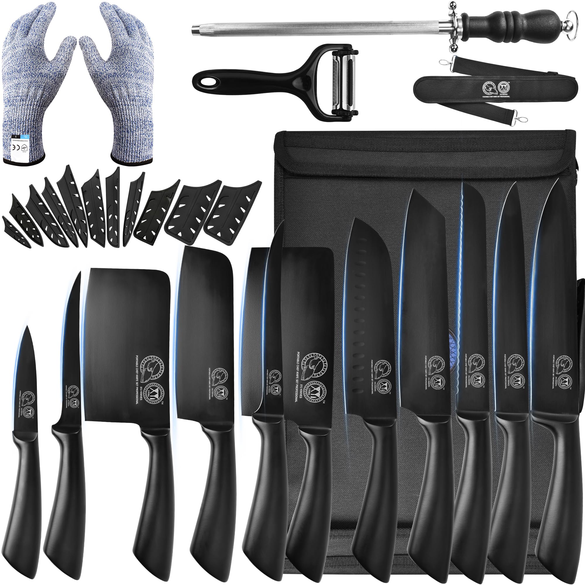 XYJ Knife Set, 11 Pieces Stainless Steel Black Knives,Cooking Cleaver Meat Vegetable Boning Chef Knives,With Roll Bag,Honing Steel,Ergonomic Handle,Ideal for Kitchen Outdoor Camping for Mom Dad