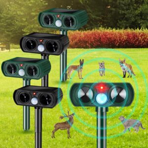 qualirey 4 pcs ultrasonic animal repellent outdoor solar powered pest repeller motion activated cat dog deterrent waterproof motion sensor for squirrels raccoon rabbit fox, garden yard farm