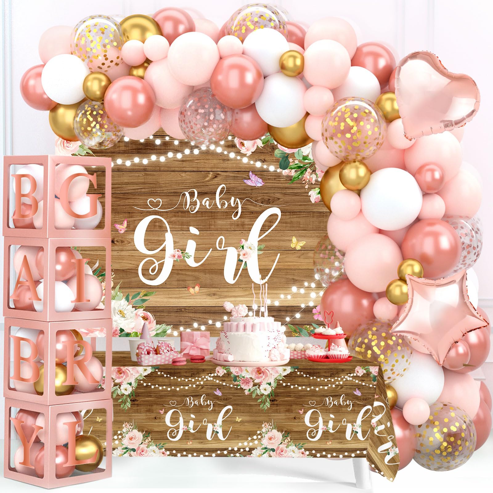 Rose Gold Baby Shower Decorations for Girl, Rose Gold Pink Balloon Arch Garland Kit with Baby Boxes with Letters, Baby Girl Backdrop and Tablecloth for Butterfly Baby Shower Decor, Girl Birthday