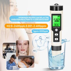 Hydrogen Water Tester 4 in 1 PH,H2,ORP&Temp,pH Meter ORP Meter Hydrogen Tester for Water with ATC & Backlight,Accurate Hydrogen Water ppb/ppm Meter,Water Testing Kits for Drinking Water Quality