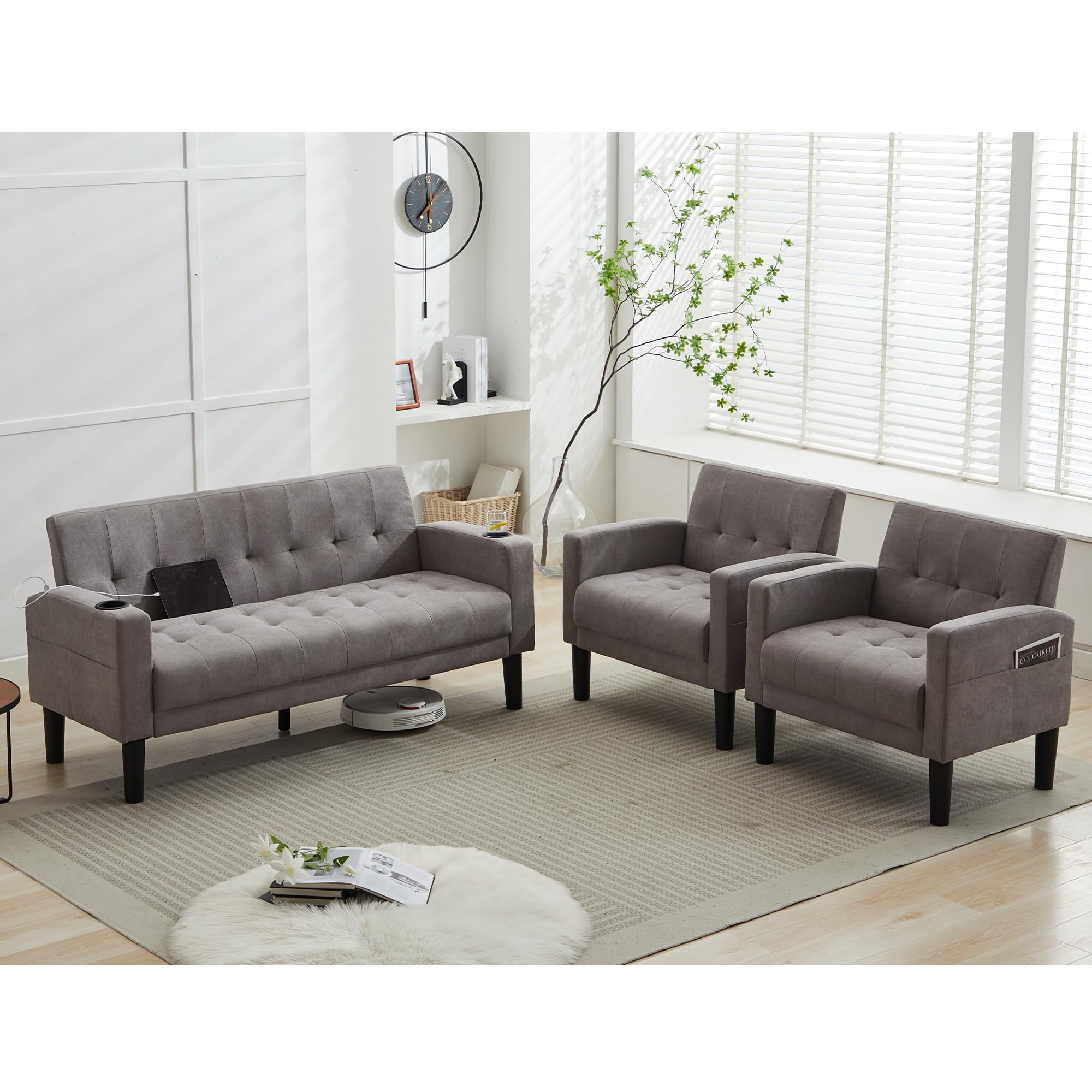 TYBOATLE Sofa Couch, Living Room Furniture Sectional Sofa Sets 3 Pcs, Tufted Mid-Century Loveseat w/USB, Cupholders & Comfy Single Sofa for Small Space, Apartment, Office (Light Grey)