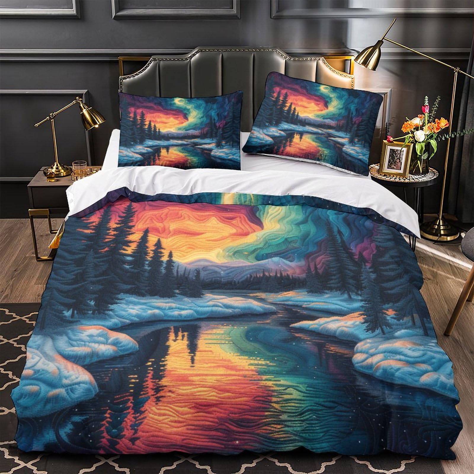 ERGTT Winter Snow Scene Quilt Cover 3D Print Aurora for Teens and Adults Duvet Cover Comforter Covers Soft Microfiber Bedding Set with Zipper Closure with Pillow Cases 3 Pieces Twin（173x218cm）