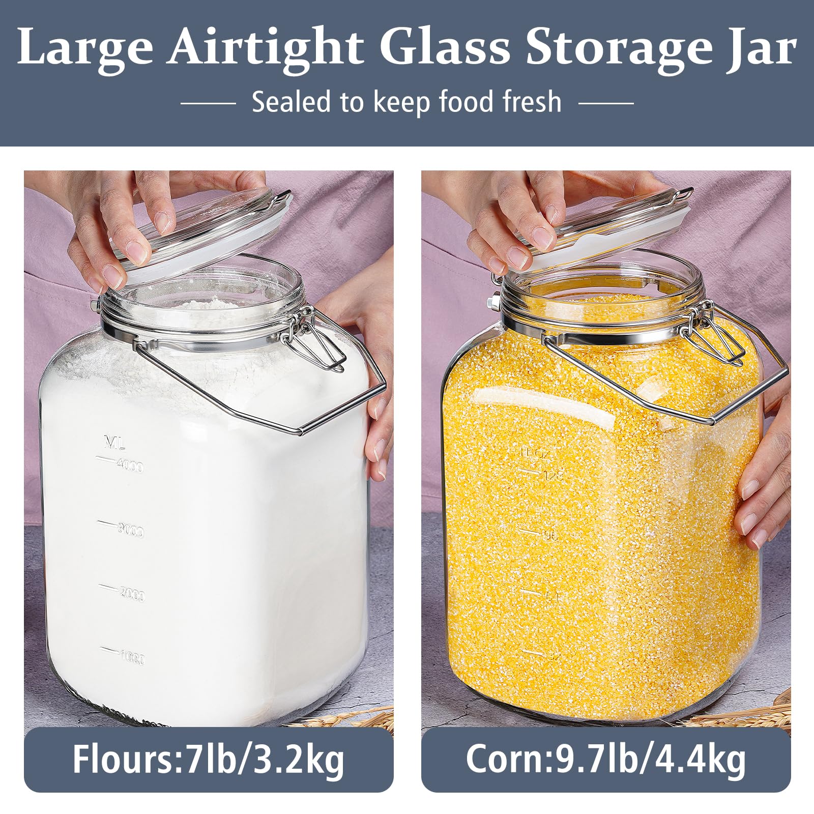 1.5 Gallon Glass Jar with Airtight Lid, Square Wide Mouth Mason Jars with Stainless Steel Handle, Large Glass Storage Containers for Canning, Flour, Sugar, Fermentation, Rice, Pickled Eggs