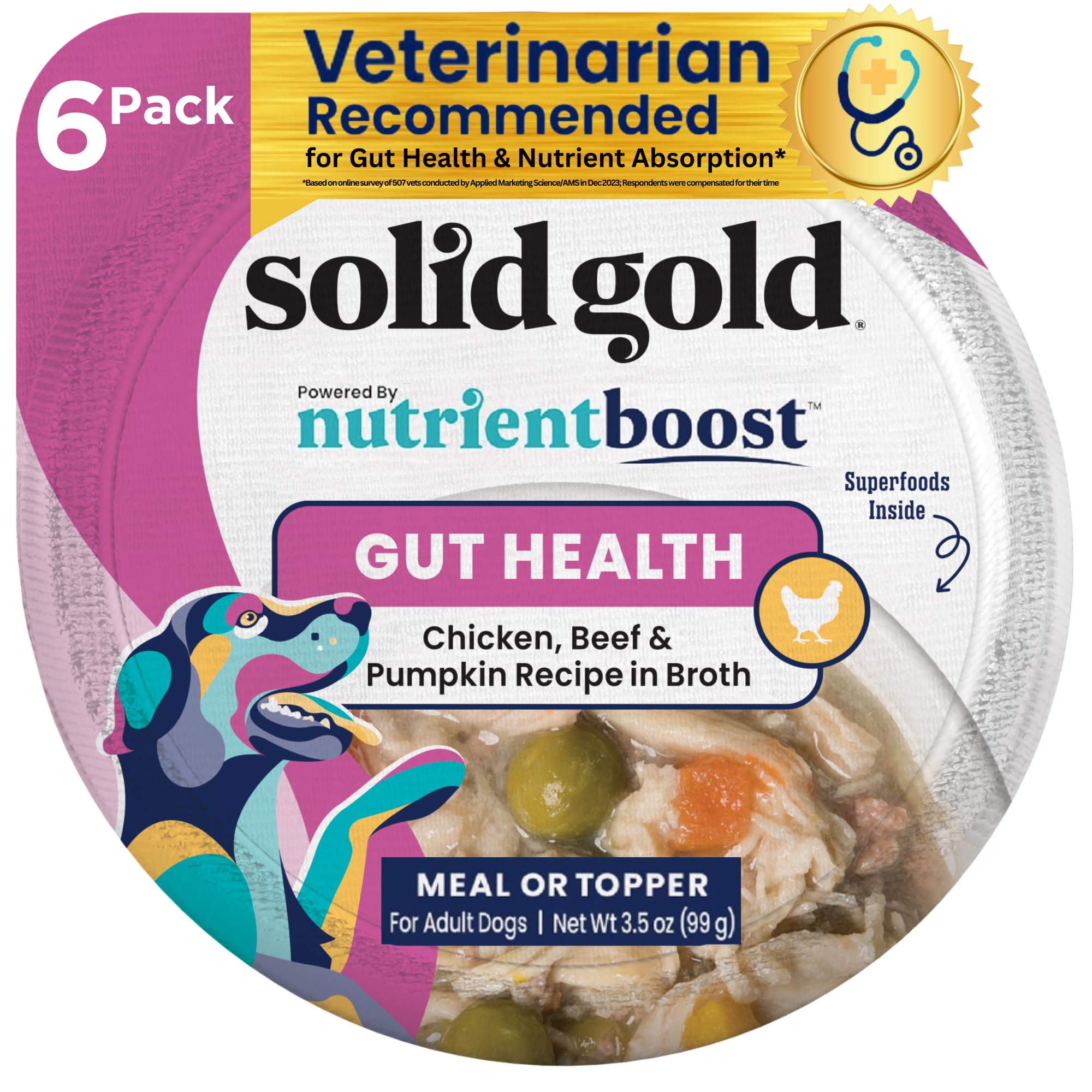 Solid Gold Wet Dog Food Topper & Meal Cups - All Ages, Puppy & Senior Wet Dog Food Small Breed & Large Breed, Sensitive Stomach Wet Dog Food - for Digestion, Chicken, Beef & Pumpkin, 3.5oz Pack of 6