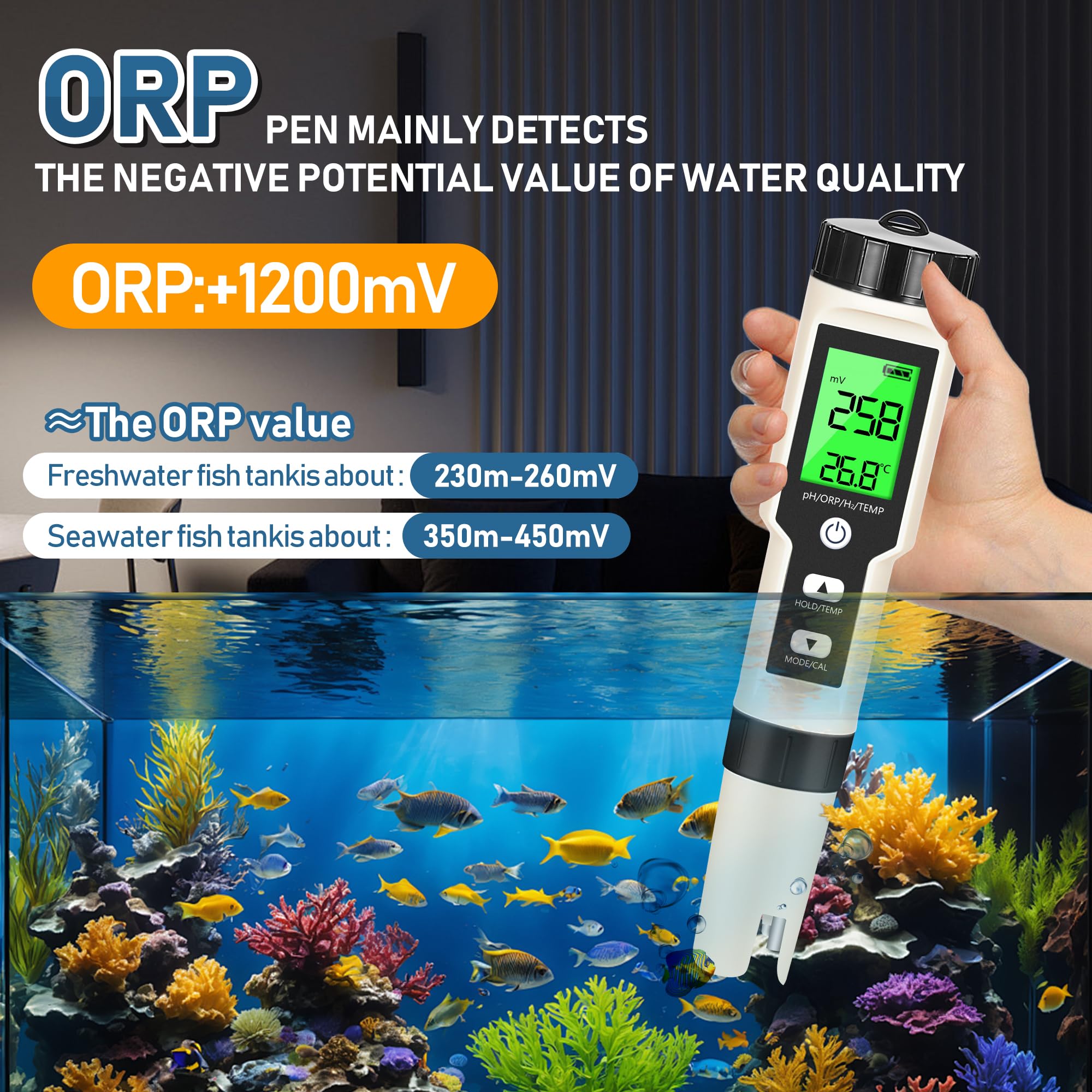 Hydrogen Water Tester 4 in 1 PH,H2,ORP&Temp,pH Meter ORP Meter Hydrogen Tester for Water with ATC & Backlight,Accurate Hydrogen Water ppb/ppm Meter,Water Testing Kits for Drinking Water Quality