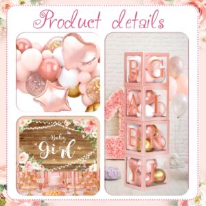 Rose Gold Baby Shower Decorations for Girl, Rose Gold Pink Balloon Arch Garland Kit with Baby Boxes with Letters, Baby Girl Backdrop and Tablecloth for Butterfly Baby Shower Decor, Girl Birthday