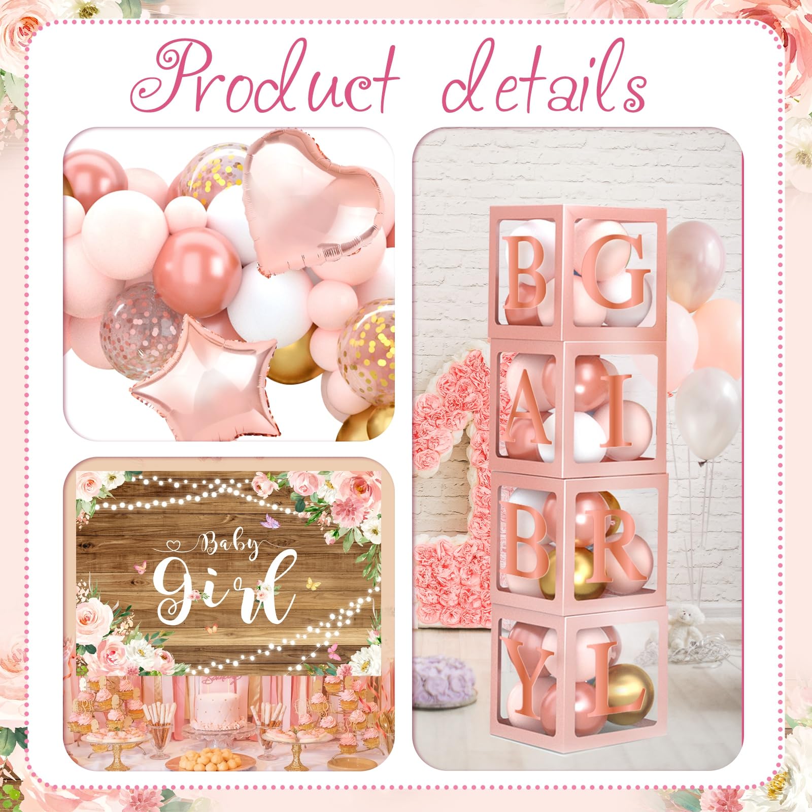 Rose Gold Baby Shower Decorations for Girl, Rose Gold Pink Balloon Arch Garland Kit with Baby Boxes with Letters, Baby Girl Backdrop and Tablecloth for Butterfly Baby Shower Decor, Girl Birthday