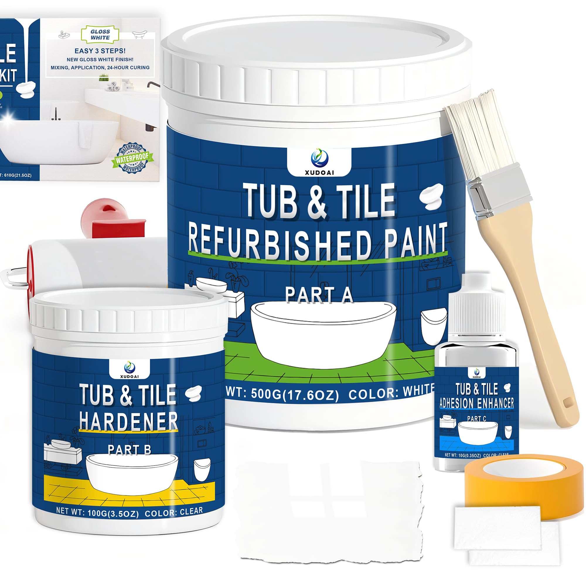 XUDOAI Bathtub Refinishing Kit Gloss White 21.5oz Tub Paint Reglazing, Tub and Tile Refinishing Kit with Tools, Tub and Tile Paint for Bathroom/Kitchen/Shower/Porcelain/Sink/Ceramic