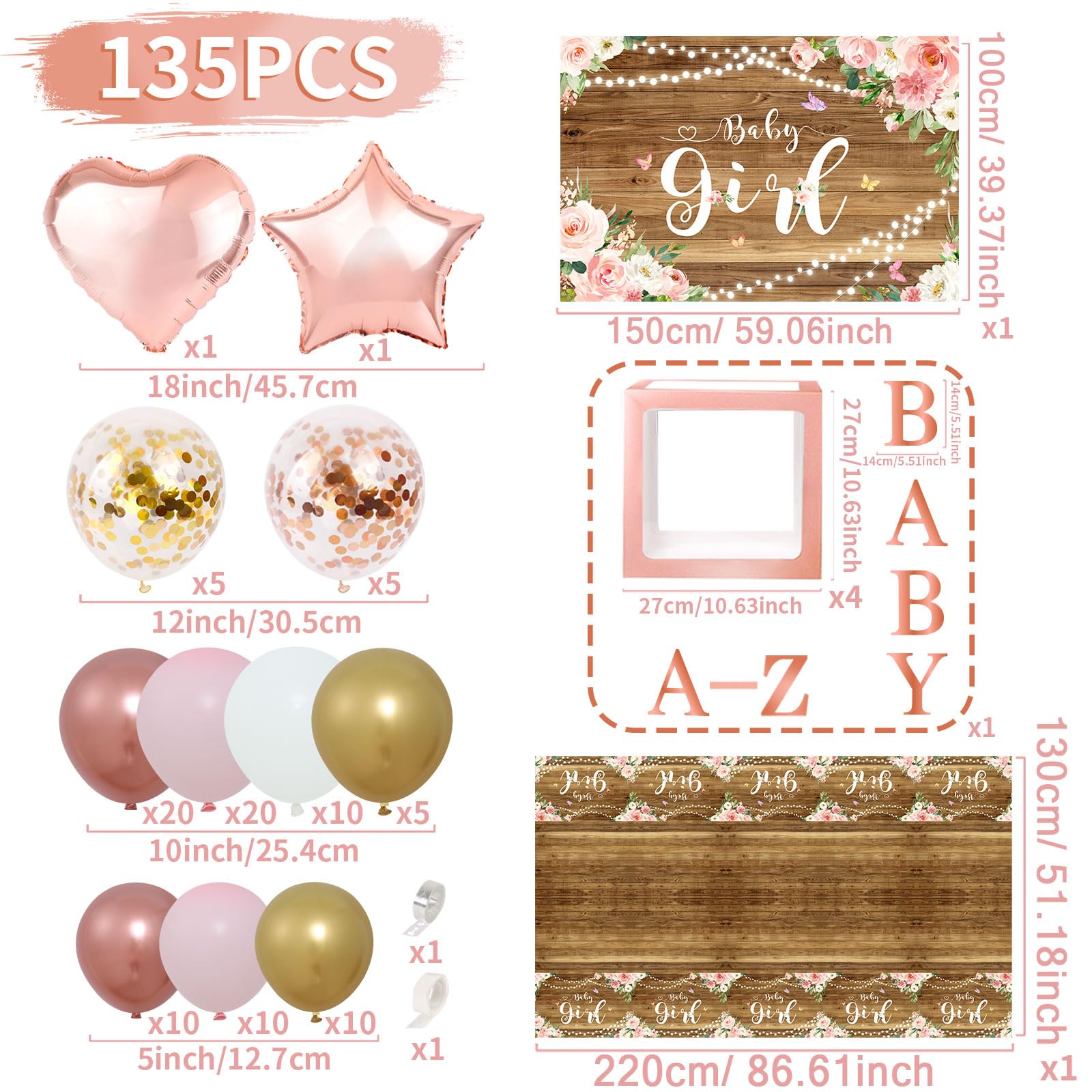 Rose Gold Baby Shower Decorations for Girl, Rose Gold Pink Balloon Arch Garland Kit with Baby Boxes with Letters, Baby Girl Backdrop and Tablecloth for Butterfly Baby Shower Decor, Girl Birthday