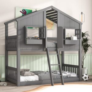 Luxo Abode Twin Over Twin Size House Bunk Bed with Roof, Window & Window Box, Pine Wood Bed w/Door, Safety Guardrails and Ladder, Easy Assembly, for Toddlers, Children's Room, Playroom, Grey