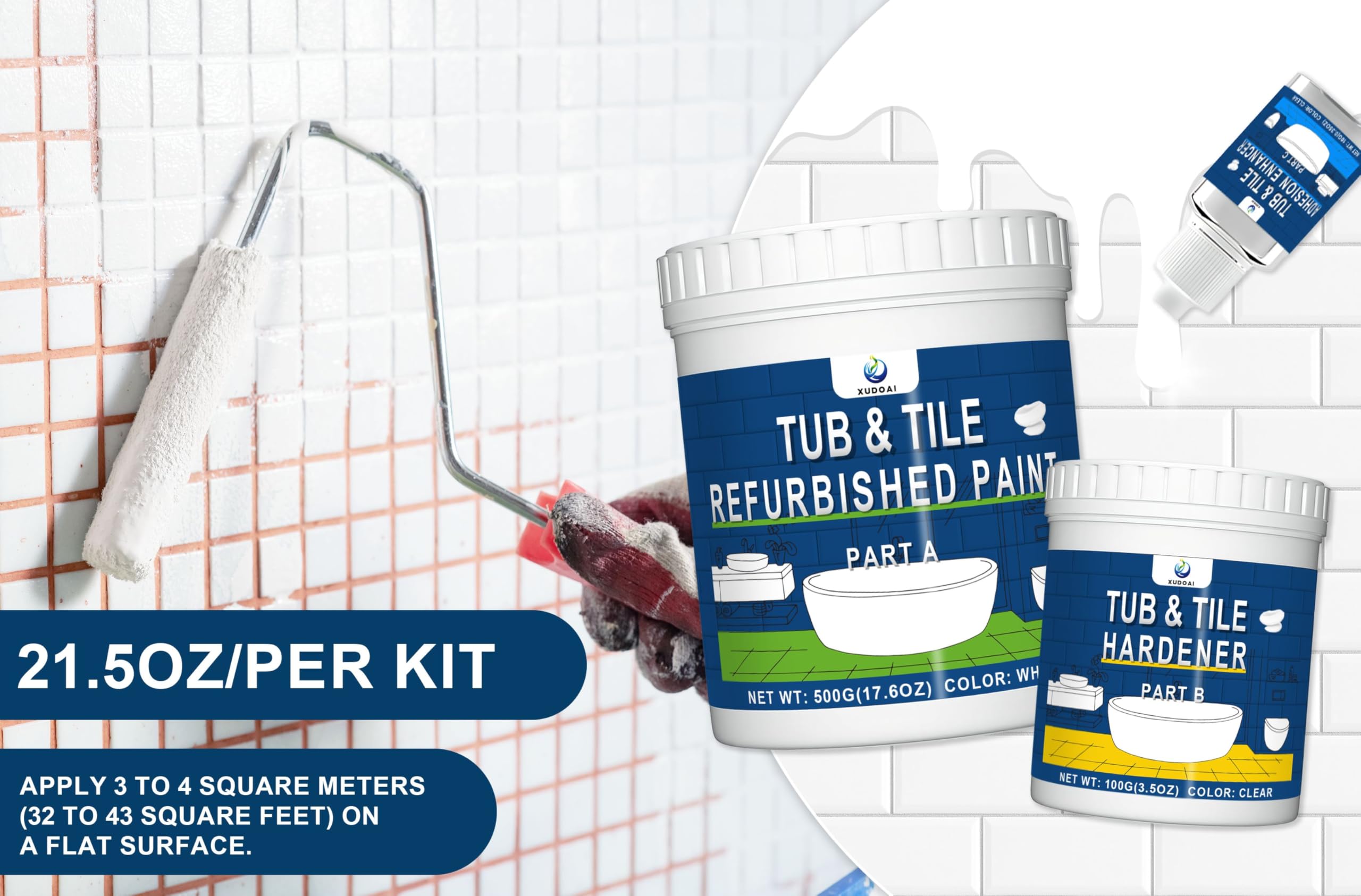 XUDOAI Bathtub Refinishing Kit Gloss White 21.5oz Tub Paint Reglazing, Tub and Tile Refinishing Kit with Tools, Tub and Tile Paint for Bathroom/Kitchen/Shower/Porcelain/Sink/Ceramic