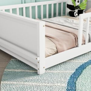 Luxo Abode Twin Size Montessori Floor Bed witn Built-in Book Storage Rack, Solid Wooden Platform Bed Frame Without Door, Easy Assembly, for Toddlers, Children's Room, Playroom, White