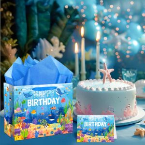 Sea Animals Party Supplies Ocean Animals Birthday Gift Bag with Tissue Papers Card Blue Under the Sea Birthday Wrapping Paper Bag for Underwater Pool Beach Birthday Baby Shower Party Decorations